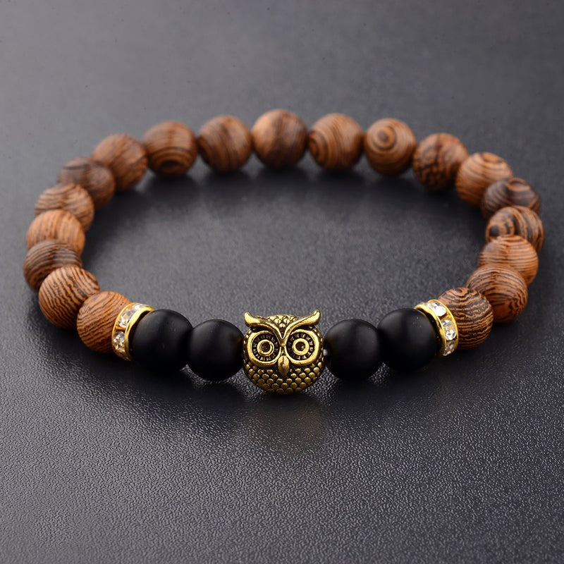 Owl frosted stone lifeline wood grain bracelet