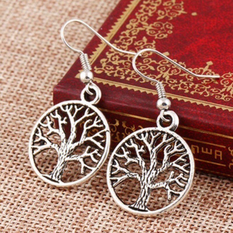 Fashion Natural Stone Tree Of Life Pendulum Pendant Earrings For Women Healing Alloy Round Circle Dangle Earring Party Jewelry