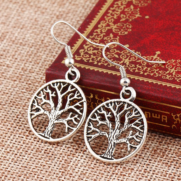 Fashion Natural Stone Tree Of Life Pendulum Pendant Earrings For Women Healing Alloy Round Circle Dangle Earring Party Jewelry