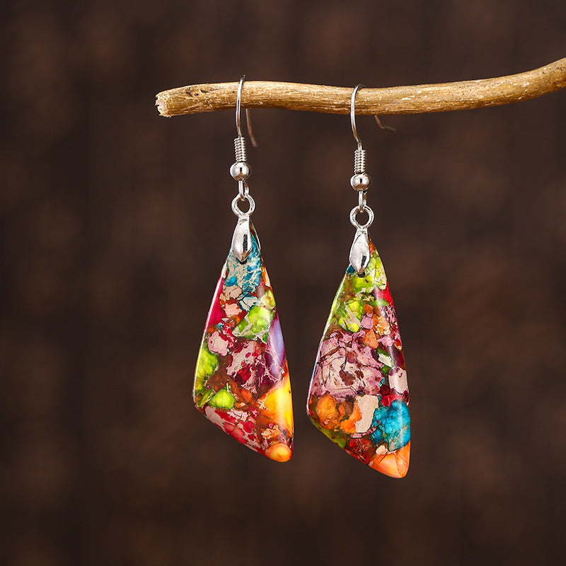 Colorful Emperor Stone Geometric Shaped Stone Earrings Triangle Temperament